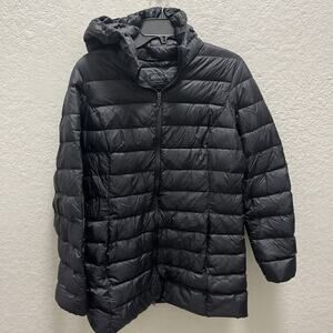 Eddie Bauer Women size M EB650 Down Parka Hooded Black Puffer Jacket Packs me
